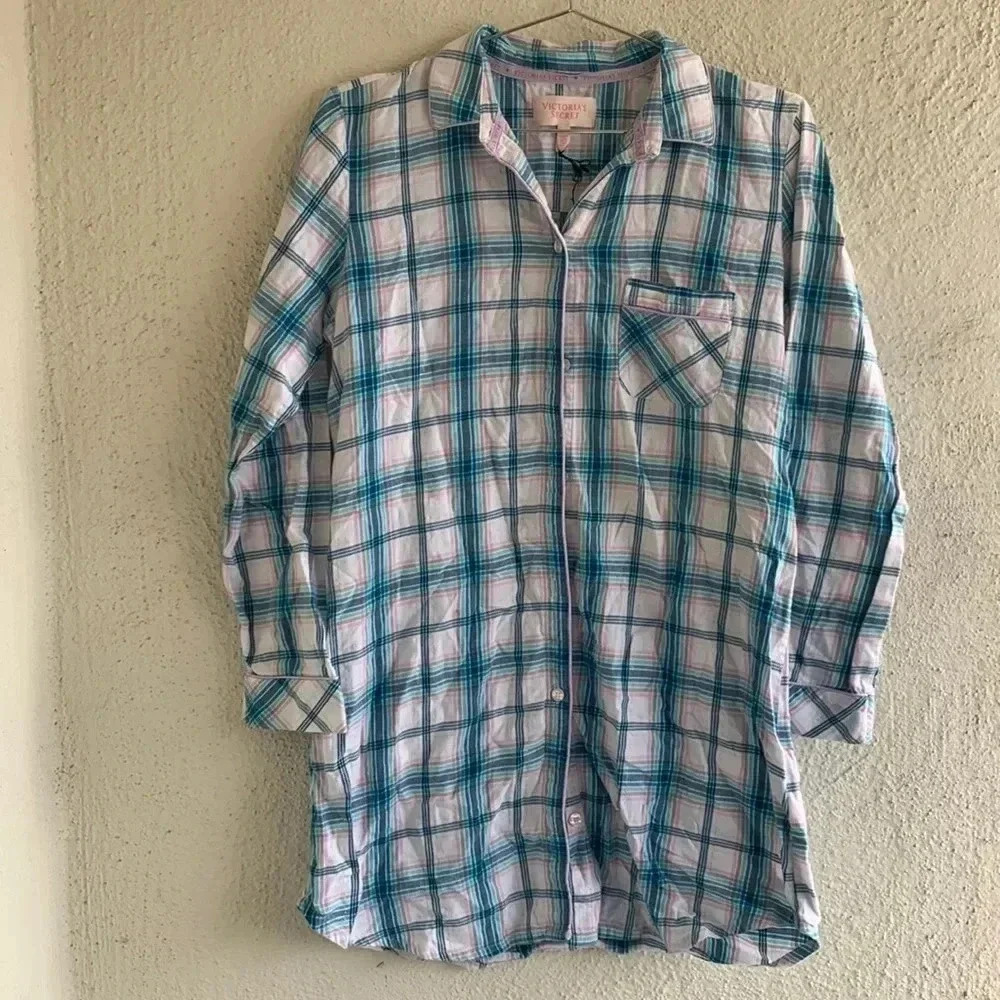 Victoria Secret Pink/Blue ButtonDown Shirt Nightshirt Metallic Plaid Siz…